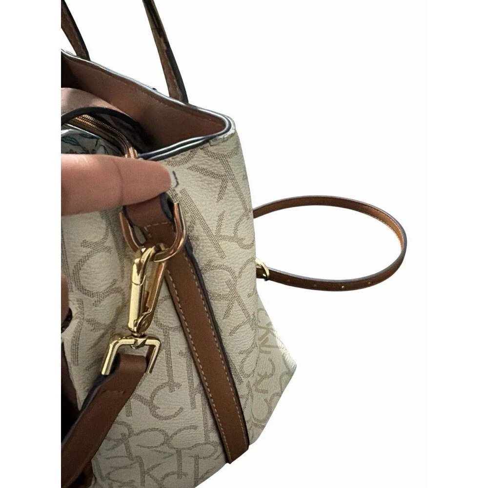 Calvin‎ Klein Signature Monogram Satchel Crossbody Beige Brown Zip Bag